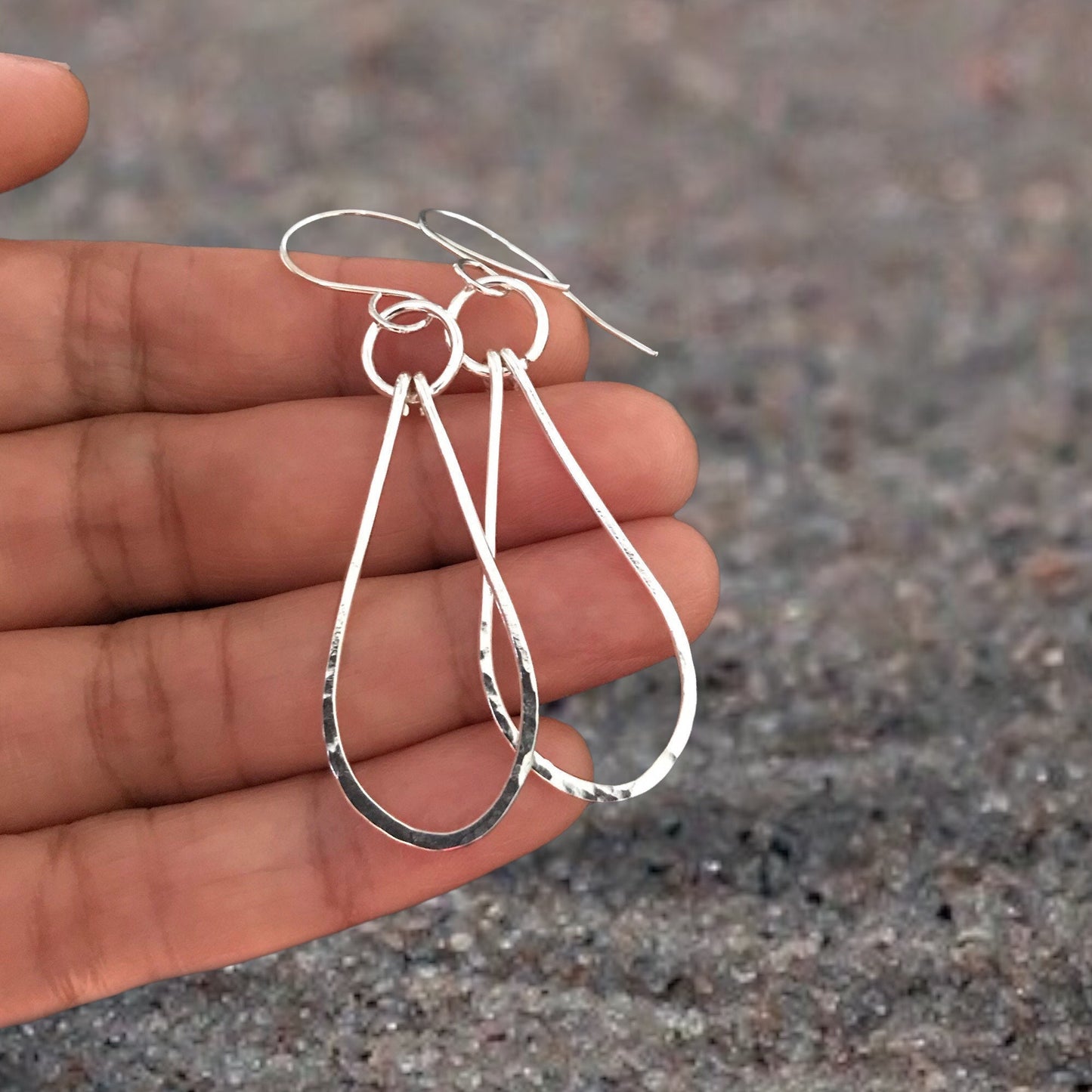 Hammered Silver Teardrop Hoop Earrings