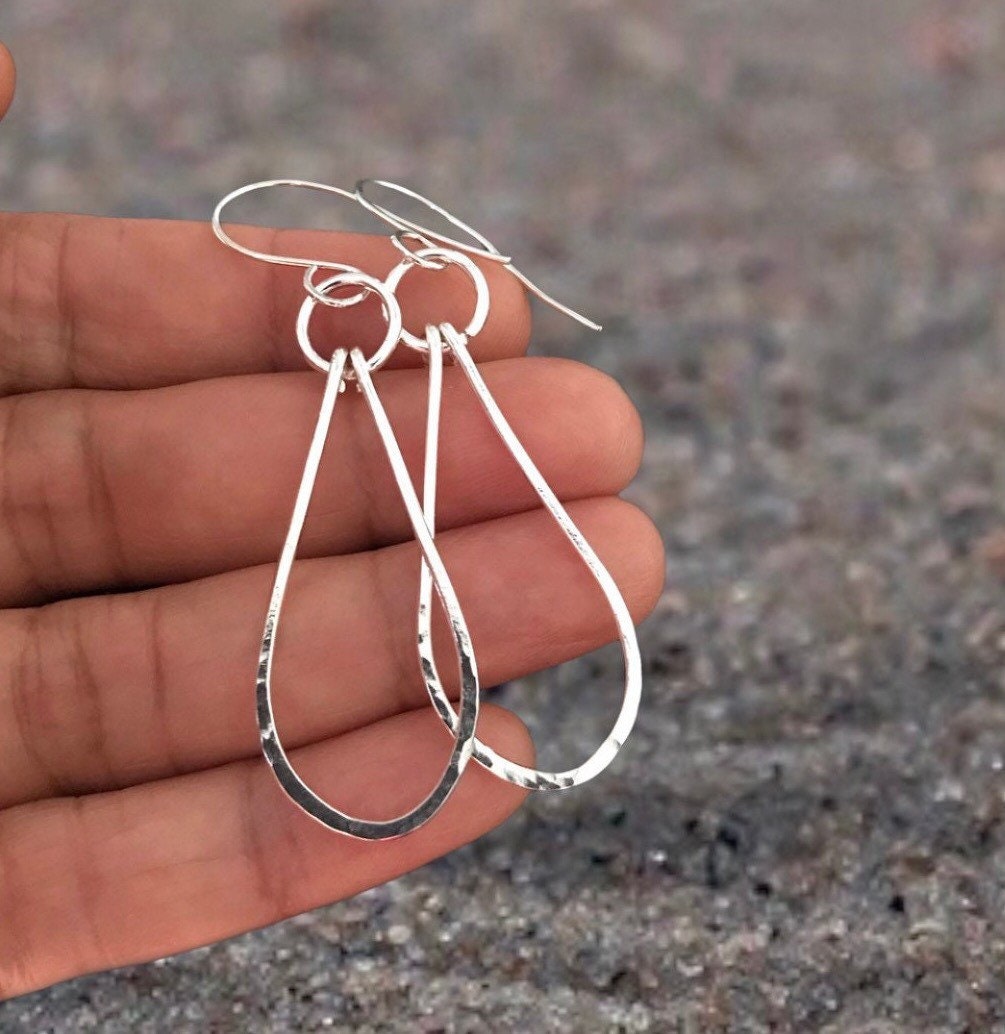Hammered Silver Teardrop Hoop Earrings
