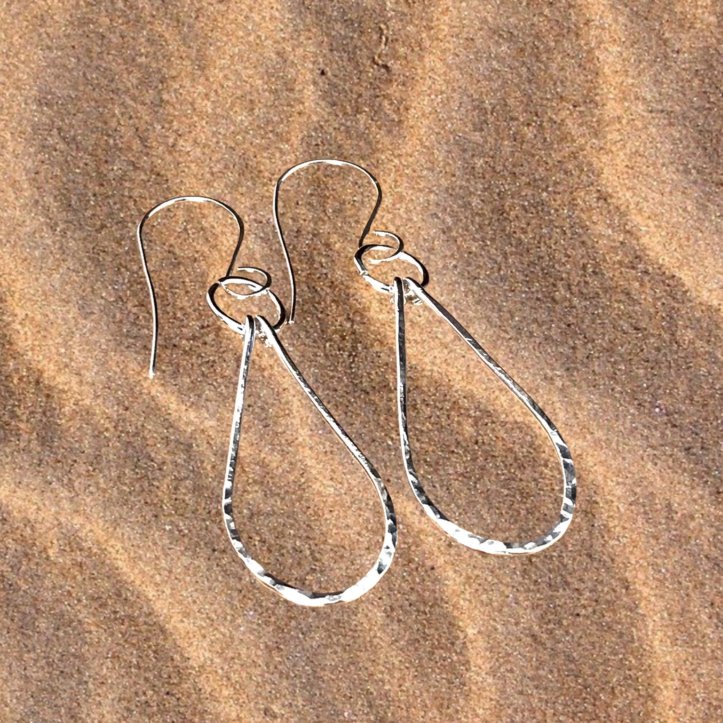 Hammered Silver Teardrop Hoop Earrings