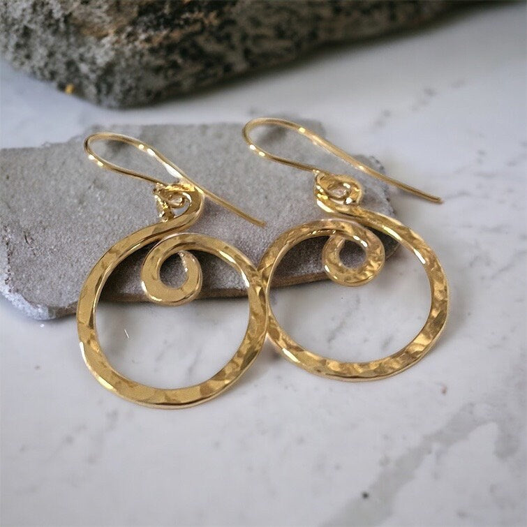 14K Gold Hoop offers Earrings, Hammered or Smooth Open Circle, Dangle Earrings - Available in Two Sizes